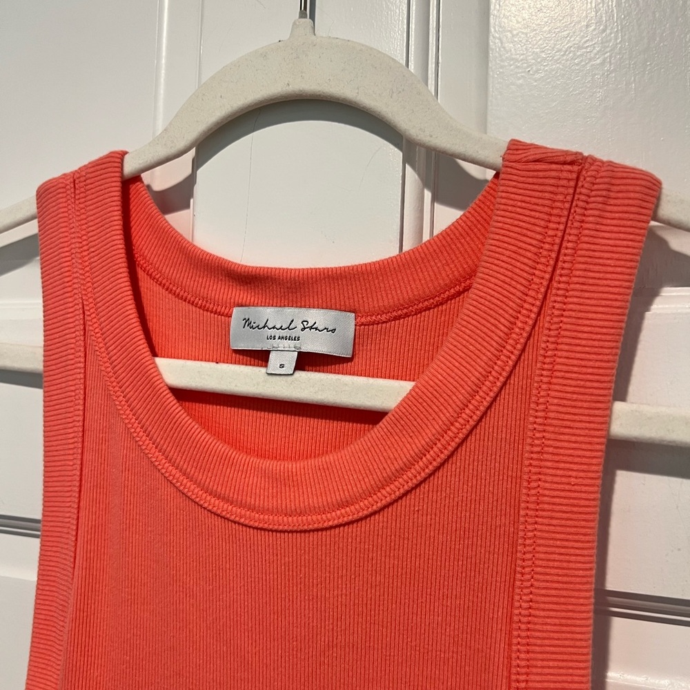 Michael Stars Wren Ruched Midi Dress Small Heatwave Orange Ribbed Tank Bodycon - Picture 4 of 7
